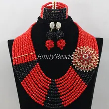 Красивые красные нигерийские Свадебные африканские Свадебные бусы комплект ювелирных изделий черное ожерелье с хрустальными бусинами комплекты ювелирных изделий AMJ666