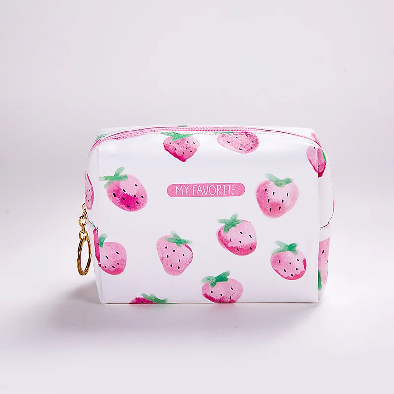 Women Large Capacity Strawberry Cosmetic Bag Cute PU Makeup Travel