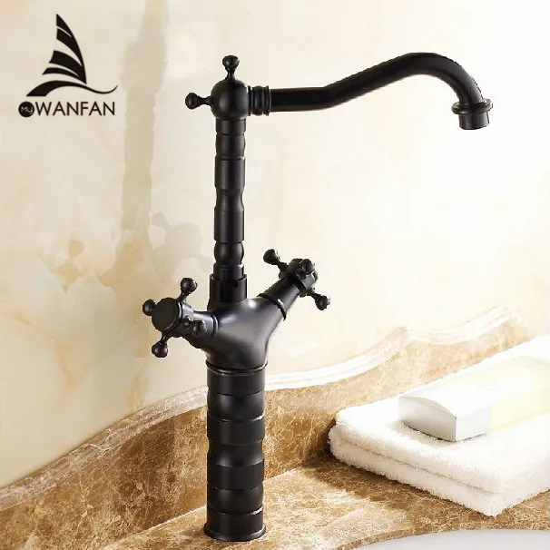 

Basin Faucets Black Antique Brass Double Cross Handle Bathroom Sink Faucet Tall Swivel Spout Bathbasin Vanity Mixer Taps 6712R