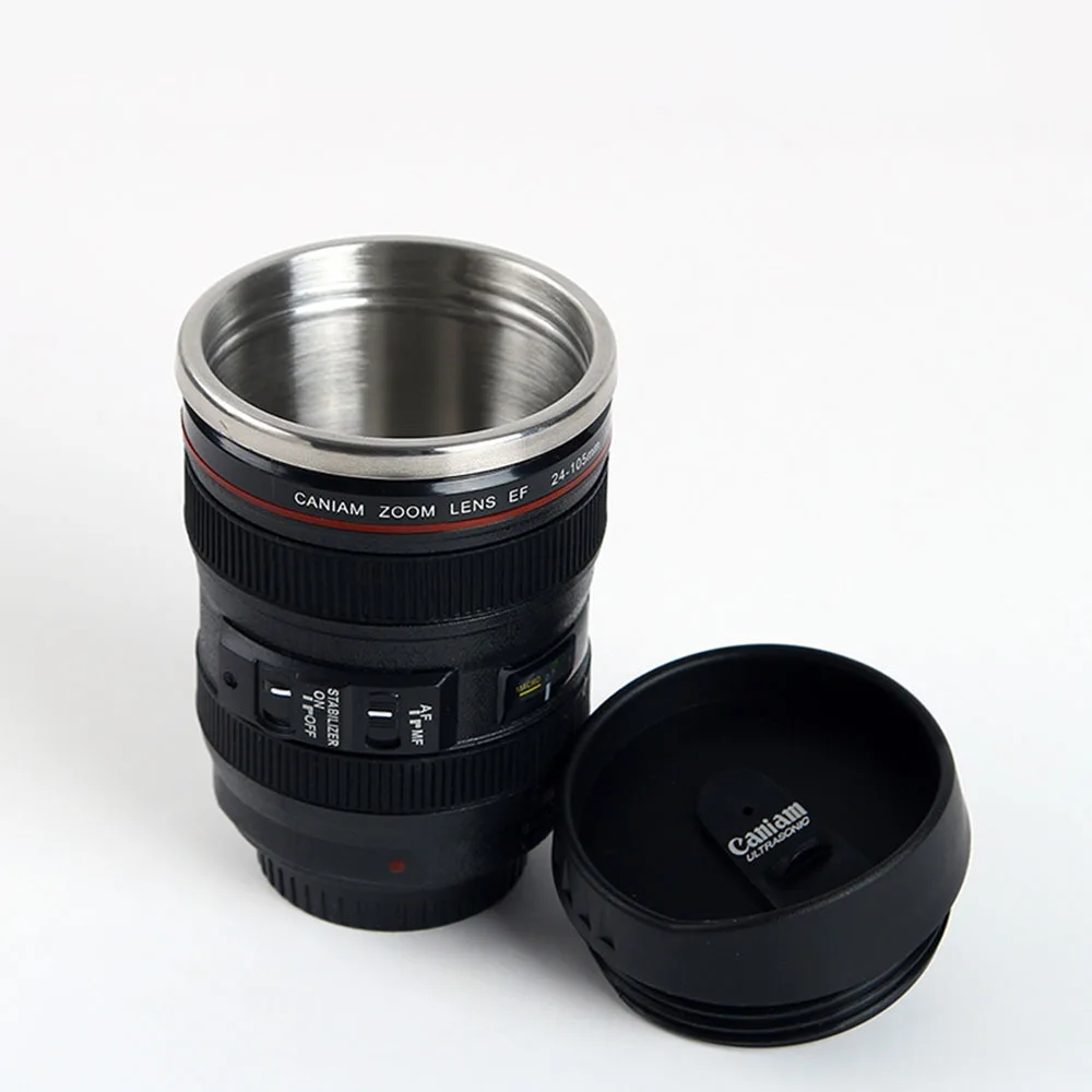 400 мл новая кофейная кружка в виде объектива камера-муляж кружка чашка из нержавеющей стали термосы пивная кружка термос с крышкой кружки для кафе дропшиппинг - Color: Black