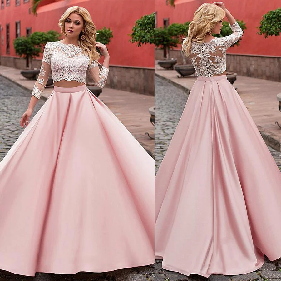 

Fashionable Satin A-Line Two-piece Wedding Dress Lace Appliques Pink Robe De Mariee Sofuge Boho Dubai Arabic Abiti Da Sposa