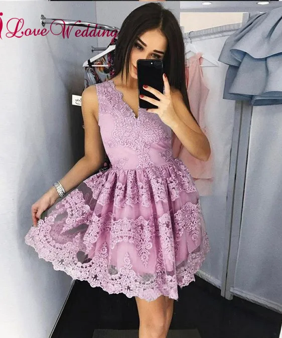Hot Sale Sexy V Neck Lace Applique Custom made A Line Lilac Short Party Prom Dresses | Свадьбы и торжества