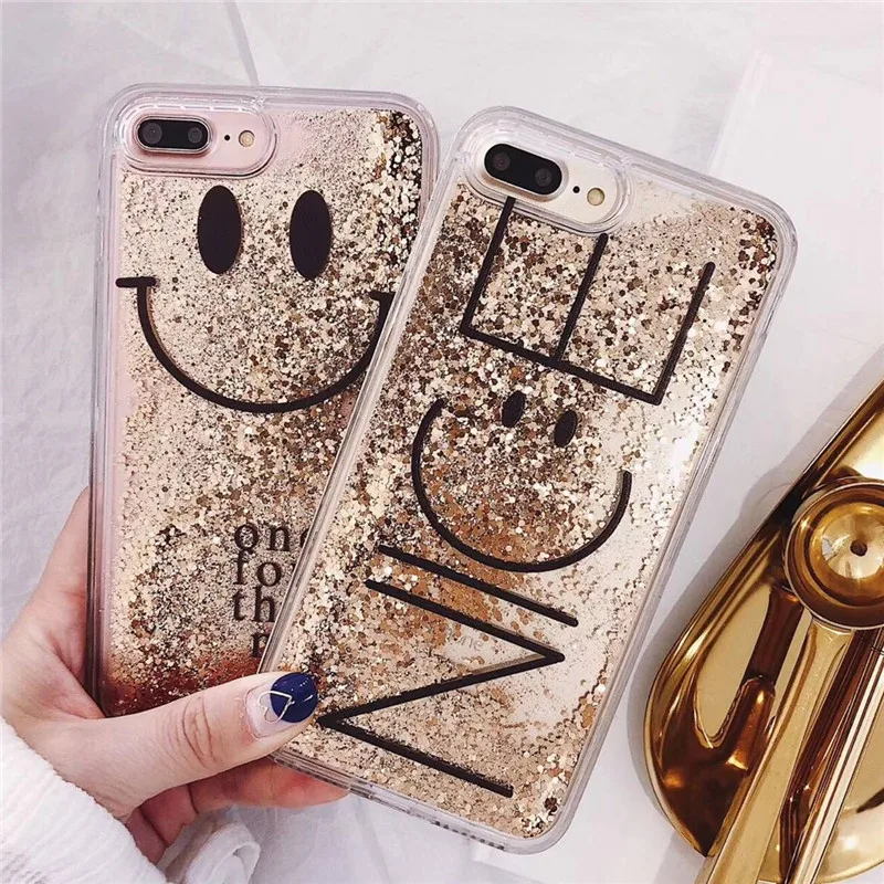 

Sweet Smile heart Bling Glitter Phone Case For iPhone 7 8 7 plus Protective Liquid Cover For iPhone 6 6s Plus X Gold capa