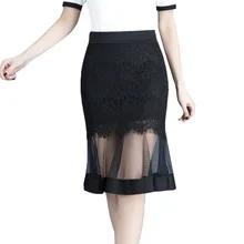 Летняя Женская эластичная Фасонная юбка с высокой талией, сетчатая Лоскутная кружевная юбка с оборками, юбка-годе черного цвета, плюс размер 2XL A807