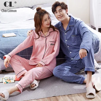 

CherLemon New Couples 100% Cotton Soft Cozy Pajamas Set Mens Striped Loungewear Women Button Front Long Sleeve Autumn Homewear