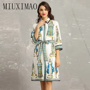 

2019 Spring Newest Fashion Turn-down Collar Three Quarter Sleeve Sashes Character Pattern Knee-Length elegant Dress Women