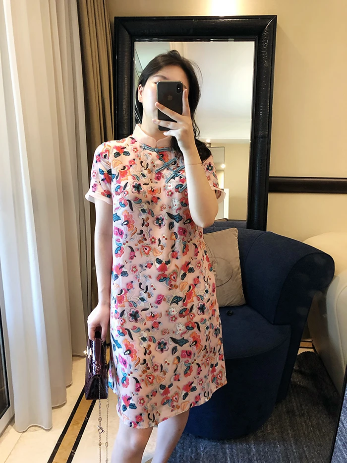 

100% silk Chinese lady 3D print party dress modern lace Qipao