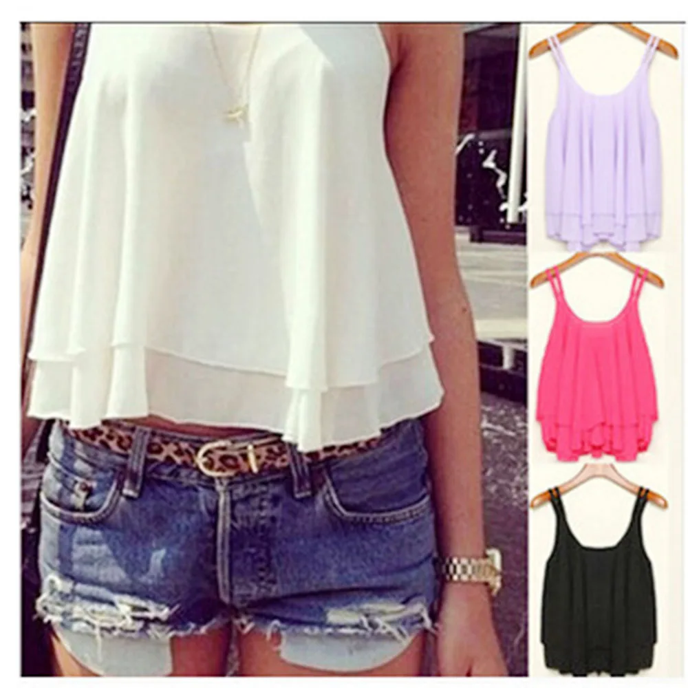 

Fashion Summer Women Shirt Sleeveless Chiffon Loose Casual Tank Tops Double Camisole Sexy Chiffon Vest Black Crop Top White 2019