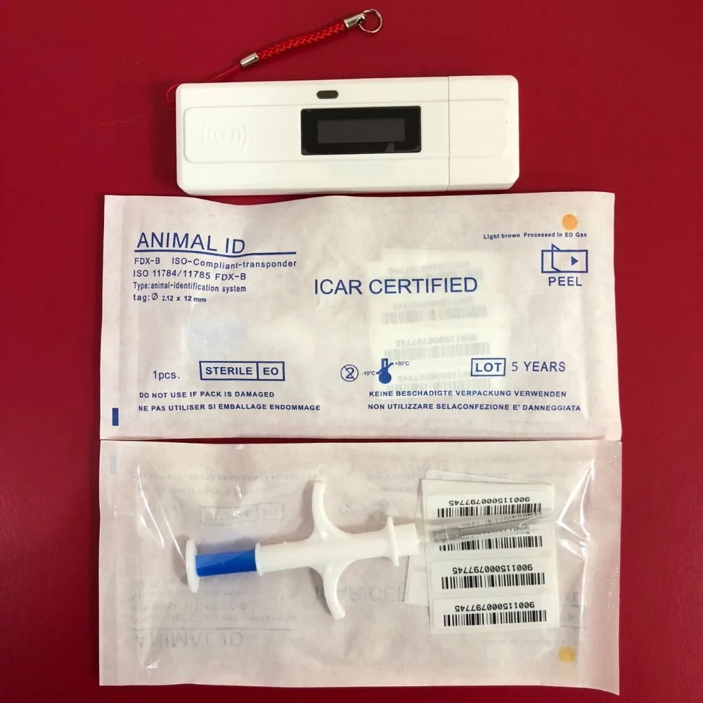 

Free Shipping 100pcs 2.12*12mm Rfid Pet Microchips ISO11784/785 FDX-B 134.2KHz cat dog,snake pig syringe+ 1 Portable reader