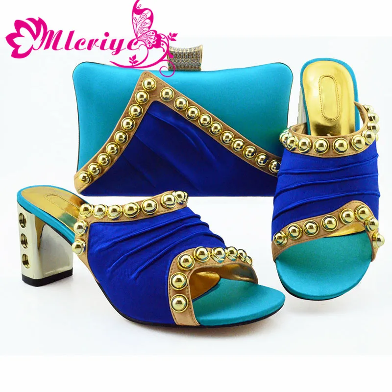 

Blue Color New Design African Elegant Shoes And Bag To Match Set Italian Comfortable Heels Party Shoes And Bag Set For Wedding