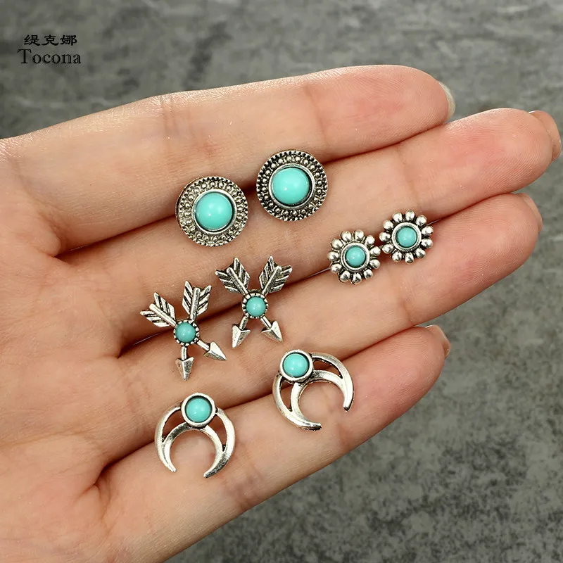 

Tocona 4Pair/set Vintage Antique Silver Arrow Horn Moon Charm Stud Earrings Sets Brincos for Women Behemia Jewelry 2027