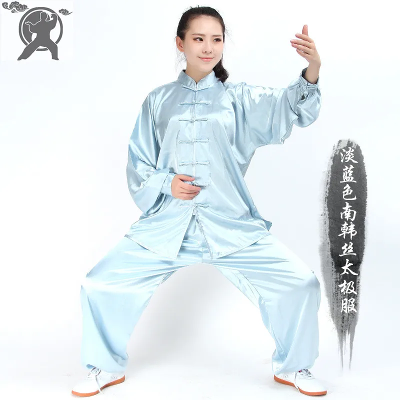 Long Sleeve Traditional Chinese Clothes Silk Suit Kung Fu Tai Chi Uniform Spring Autumn Shirt Pants for Men Women