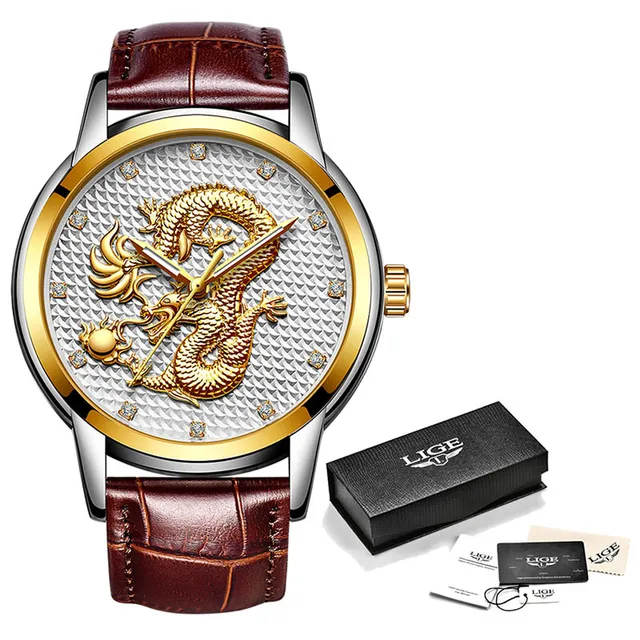 2021 LIGE New Golden Mens Watches Top Brand Luxury Chinese Dragon Watch Business Full Steel Quartz Clock Male Relogio Masculino Gold white L