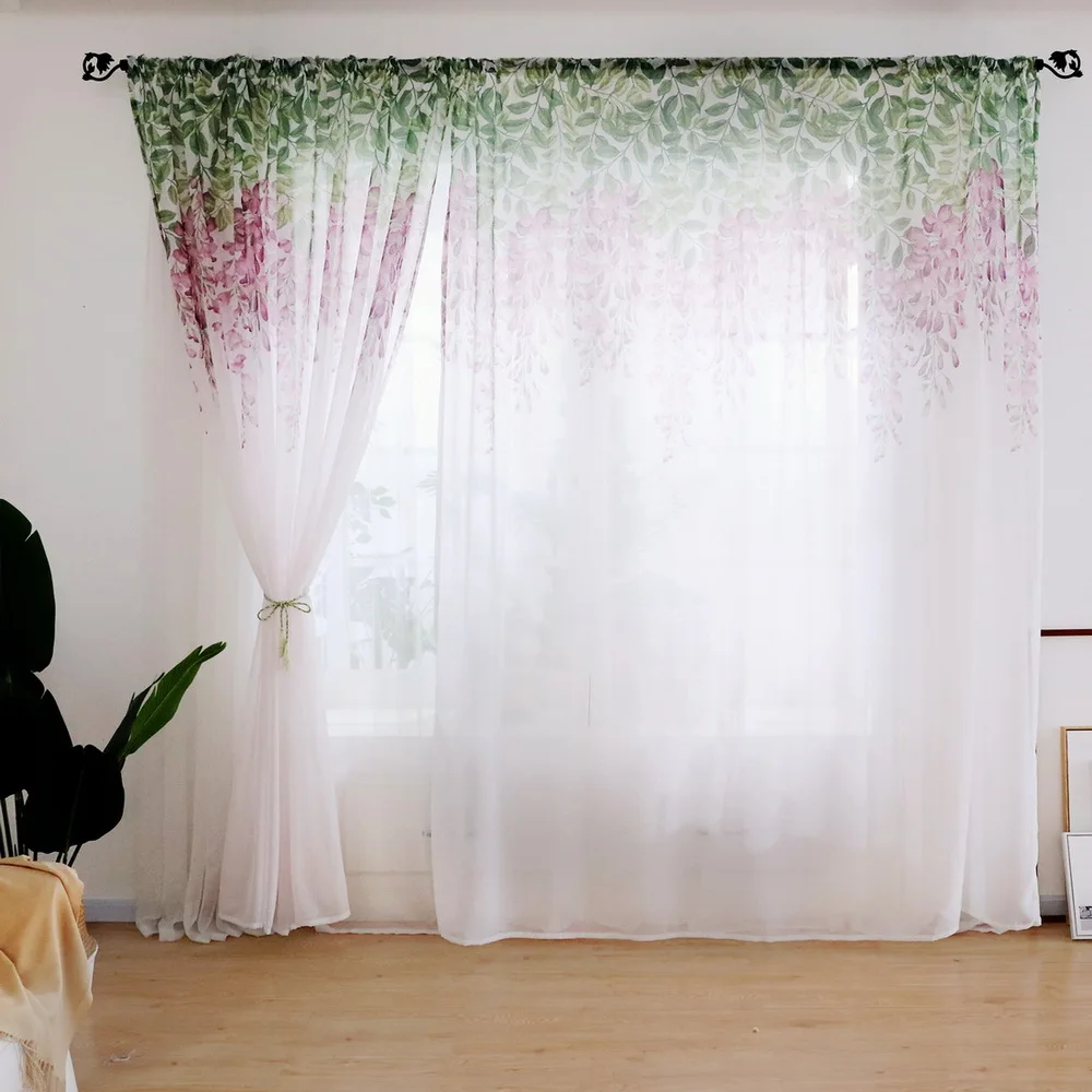 

Urijk Ins Nordic Style Chiffon Tulle Curtains Wisteria Flower Printed Sheer Curtains Window Balcony For Living Room Bedroom