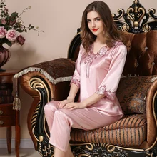 Топ класс Весна новая шелковая пижама женский пижамный комплект Сексуальная Домашняя одежда летняя благородная кружевная Пижама пуловер шелковая домашняя одежда