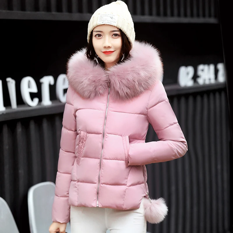Women short parkas coat 2018 Winter thick warm fur collar