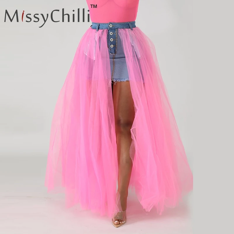 MissyChilli сетчатые Лоскутные юбки джинсовые с разрезом сексуальные летние пуговицы белая юбка с высокой талией женская уличная неоновая джинсовая юбка на пуговицах - Цвет: Розовый