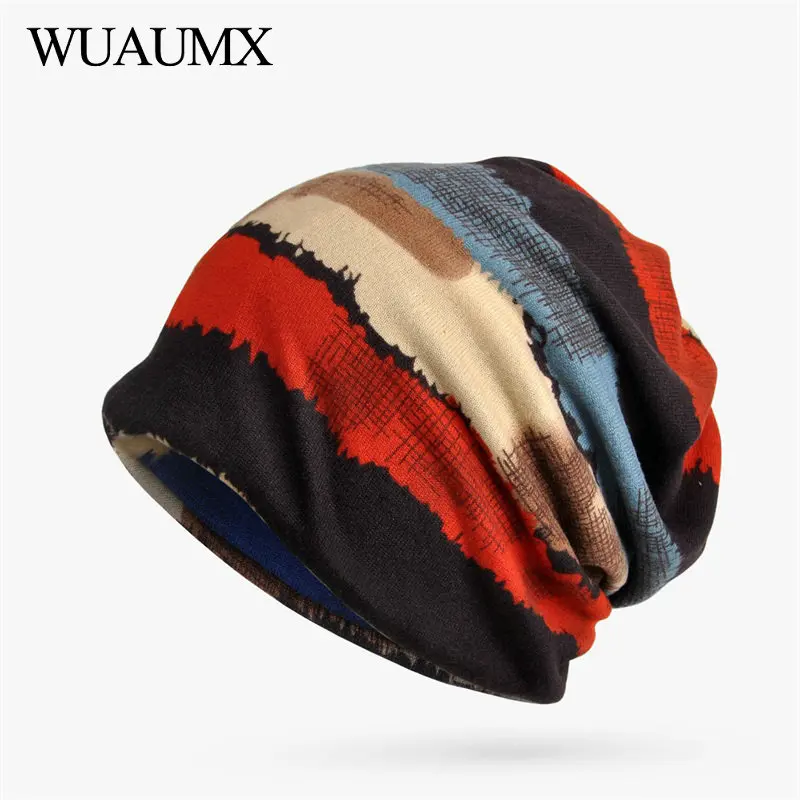Wuaumx осенние зимние шапки-бини Шапки для Для женщин Для мужчин кольцо шарф 3 в 1 тюрбаны Полосатый хеджирования Шапки хип-хоп Skullies шапочки