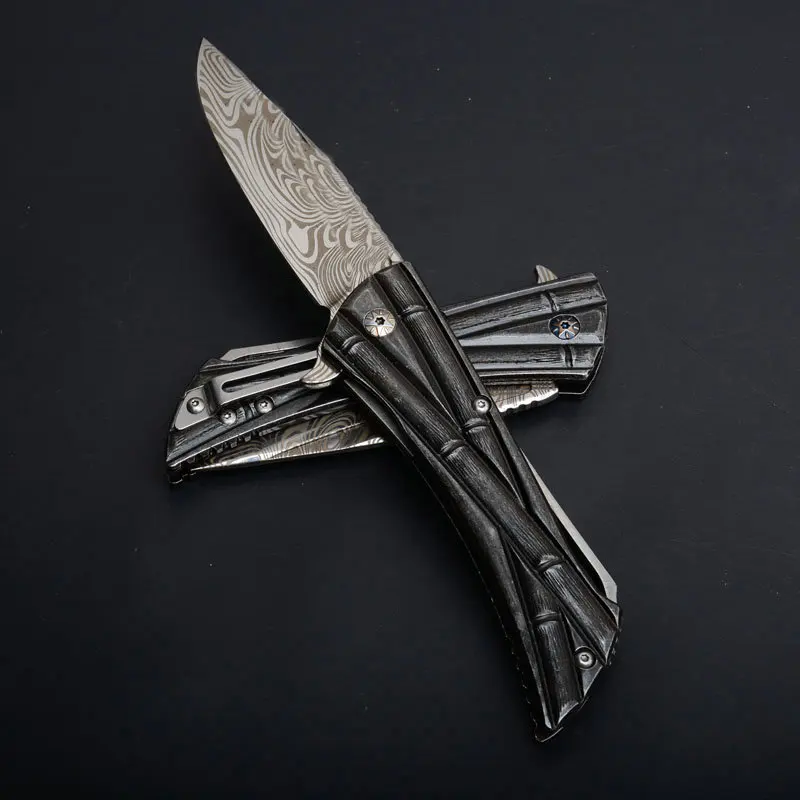 microtech bamboo tactical folding knife damascus pattern blade rescue edc tools (2)