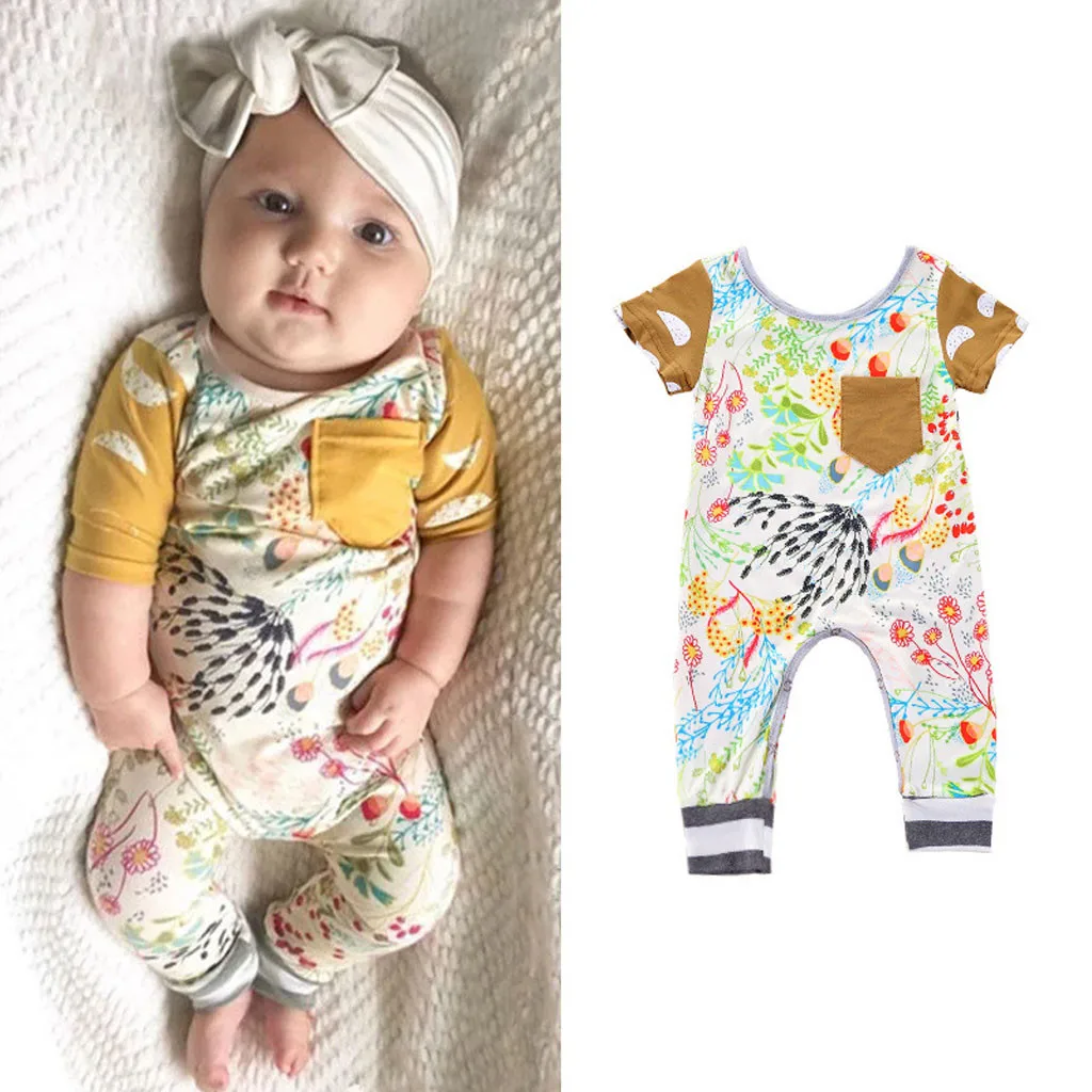 

Newborn Summer 2019 Baby Girl Boy Clothes Fashion Cartton Print Pocket Baby Rompers Baby Onesie Baby Winter Clothes Kid Jumpsuit