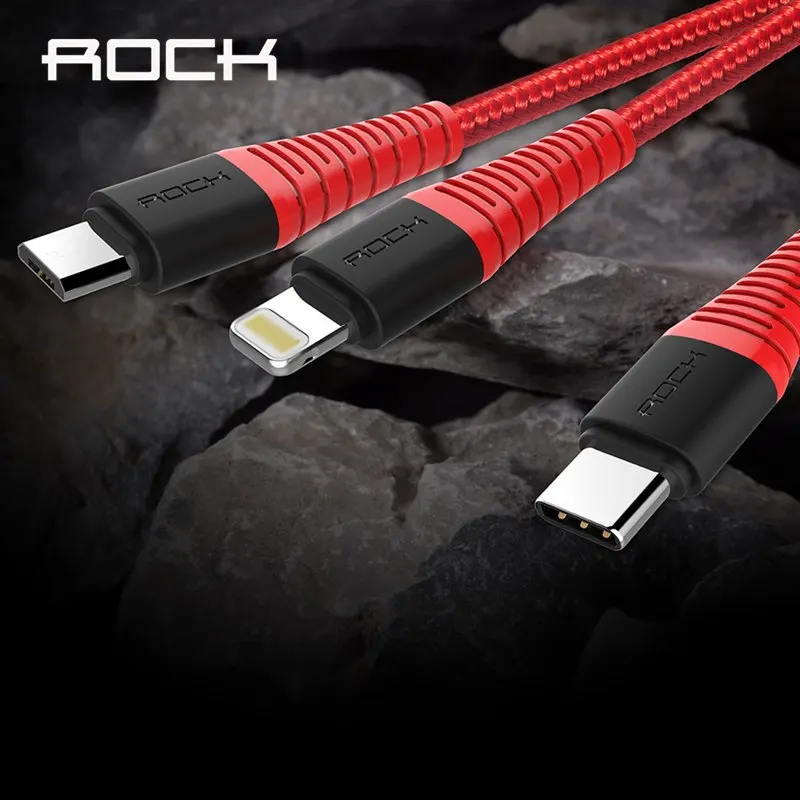 

3 in 1 Hi-Tensile USB Type C Micro USB and Charging Cable for iPhone cable,ROCK Phone Cable for iPhone charger usb-c cord wire