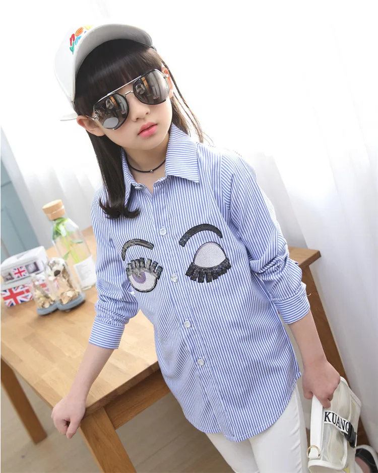 3-12 y kids girls shirts spring autumn girl long sleeve shirt school clothes stripe sequins eye 12 years children clothing top (4)
