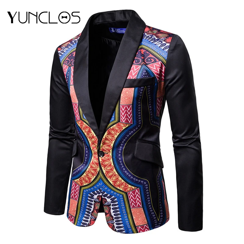 

YUNCLOS National style Men Suit Jacket Wedding Party Blazer Fashion Printed Party Dress Shawl Collar Slim Fit Men Blazers