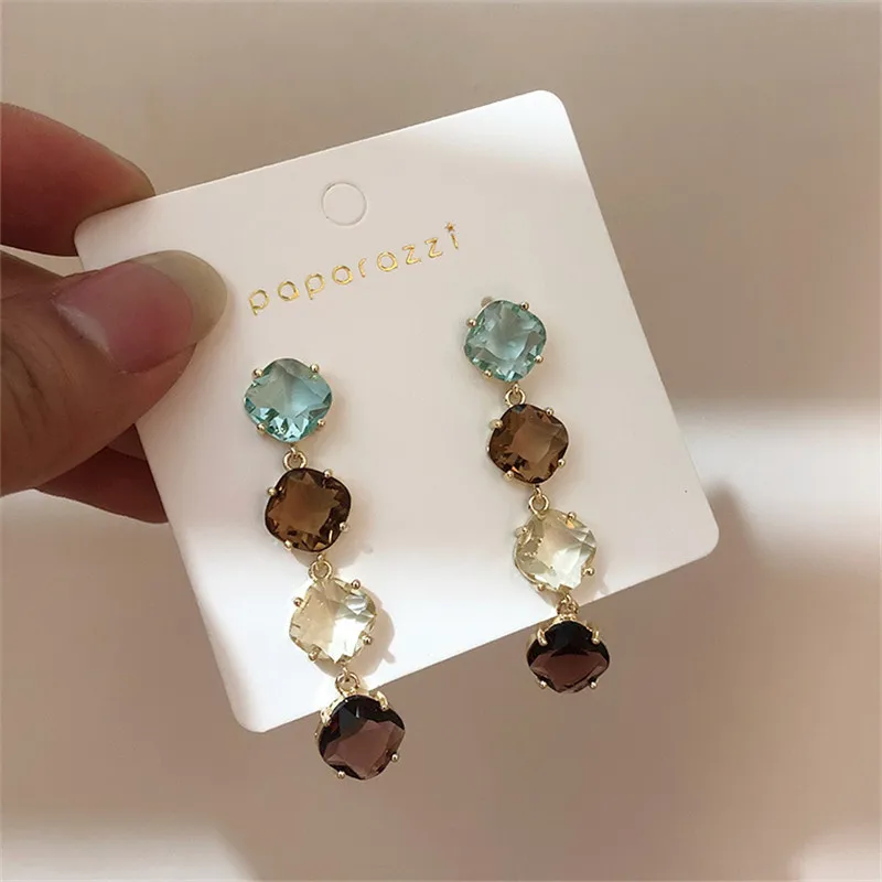 

2019 New Korean Charm Geometric Colorful Crystal Long Drop Earrings For Women Elegant Temperament Pendientes Mujer Moda Jewelry