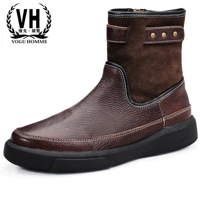 

warm snow boots high top shoes Genuine Leather boots men all-match cowhide chelsea boots autumn winter Riding boots mens shoes