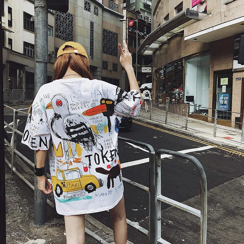 Женская винтажная длинная футболка Harajuku белая с коротким рукавом и