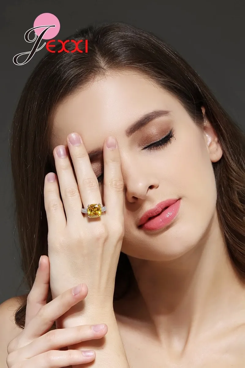 Блестящий ярко-желтый Кристалл Цирконий кубические Стразы для женщин Свадебные обручальные кольца модные 925 пробы серебряные ювелирные изделия