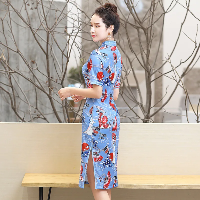 Модные Элегантные китайских женщин весенняя одежда cheongsam эластичный короткий стиль синий qipao Ретро праздничное платье