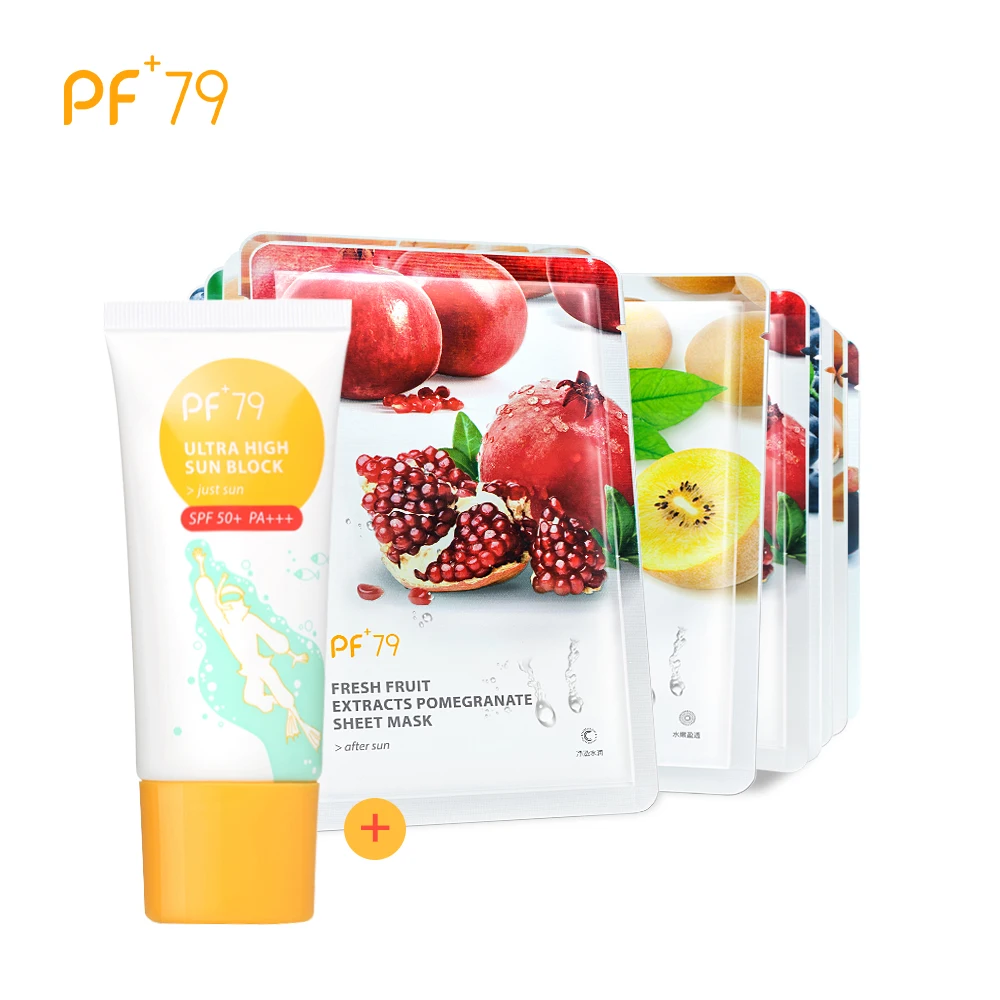 

PF79 Skin Care Sunscreen Set SPF 50+ PA++ Sunblock+12pcs Fruit Sheet Mask Facial Moisturizing Face Mask Anti Aging Sunburn