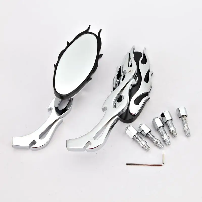 

A Pair Chrome Aluminum Motorcycle Rearview Mirror Flame Oval Adjustable Angle Side View Mirrors 8mm 10mm Mounting Bolts chopper