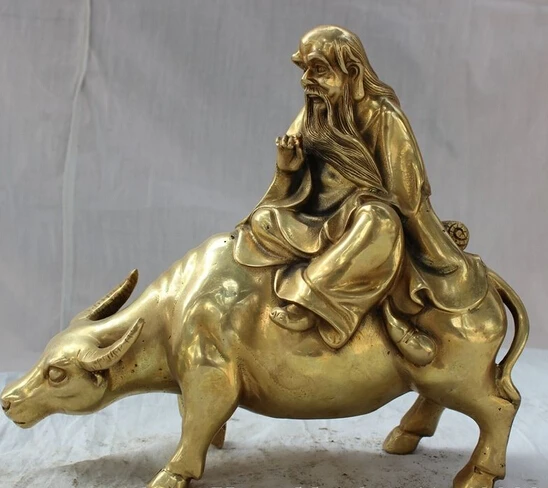 

002686 9" Chinese Brass Taoism Literati Philosopher Lao Zi Lao Tzu Ride Bull Ox Statue