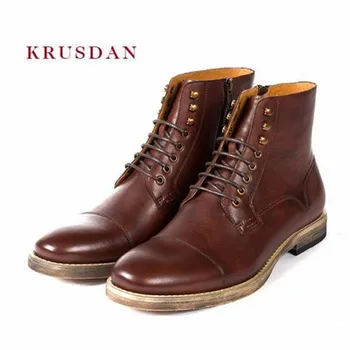 

KRUSDAN Winter Riding Men Brown Genuine Leather Ankle Boots Retro Wedding Zip Shoes Men Fashion Military Cowboy Boots Plus Size