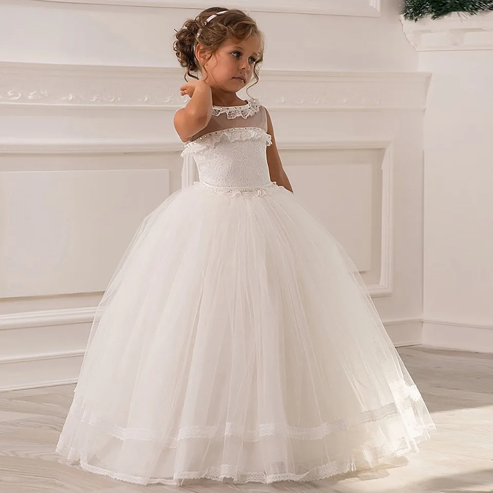 

New Hot White Lace Ball Gowns First Communion Dress for Girls Sheer Neck Beading Princess Dress Birthday Party Christmas Gowns