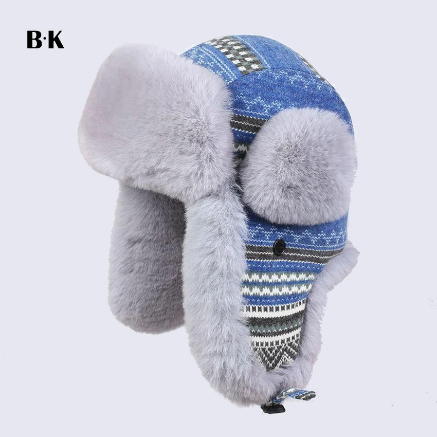 

Wool Knitted Thicken Bomber Hats Unisex Casual Winter Striped Earflaps Warm Faux Rabbit Fur Trapper Hat Russia Ski Cap