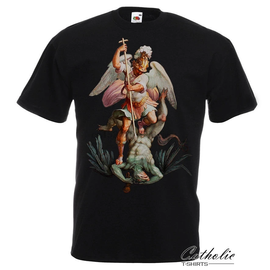 Черная футболка с надписью Saint Michael Archangel desroke the Devil|Футболки| |
