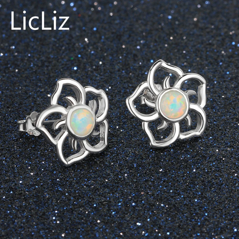 Женские серьги гвоздики LicLiz 925 пробы с серебристым цветком 4 мм Белый огненный