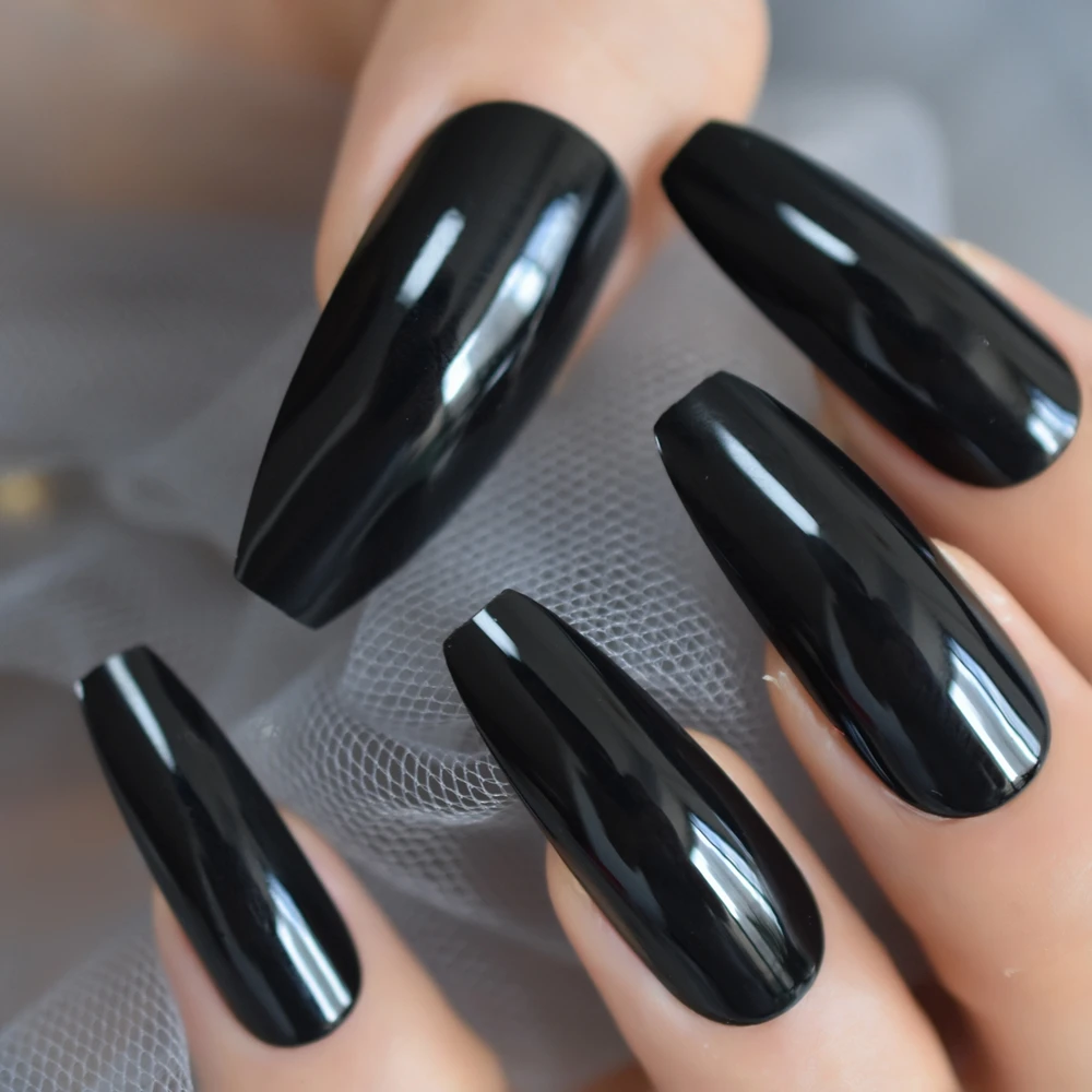 Экстра длинные ногти гроба черные блестящие поддельные ногти длинные ногти балерины для вечерние Полное покрытие искусственные наконечники с клеем, стикер