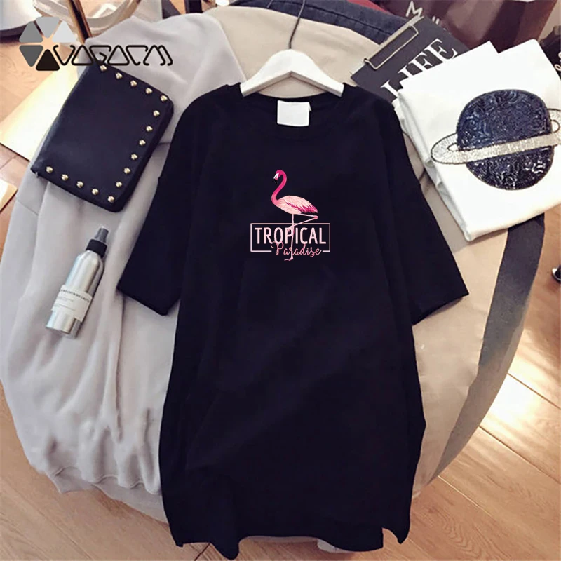 

Women Summer Vestidos Letter Print Casual Loose Short Sleeve Flamingo Romantic Dresses Female Mini Plus Size Dress