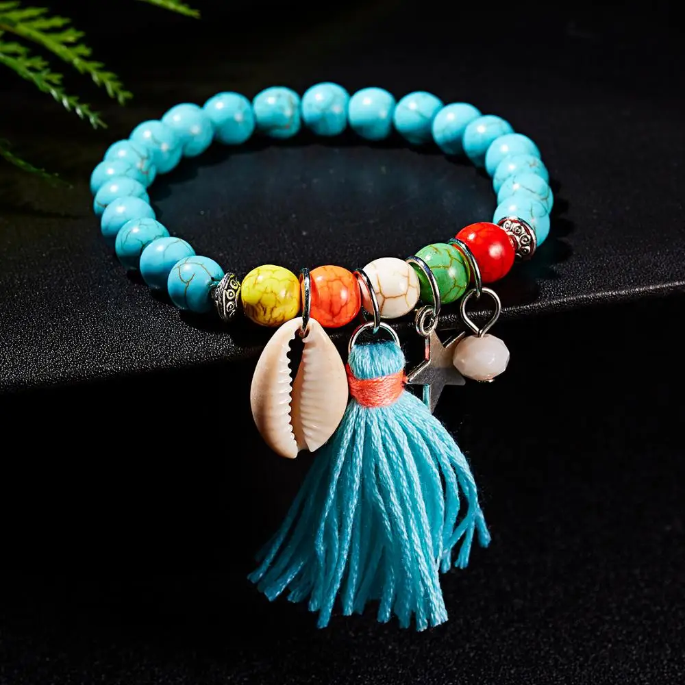 

Vintage Boho Charm Bracelets Bangles Blue Beaded Natural Stone Bracelets Charm Angel Tassel Flower Leaf Shell Bracelets Jewelry