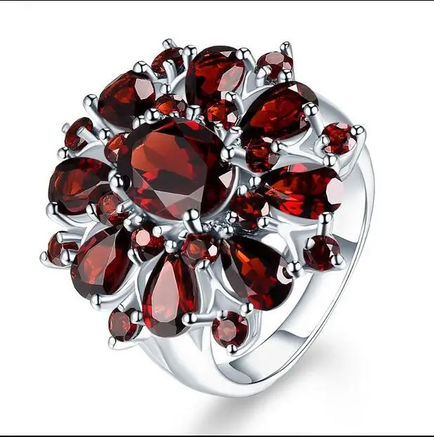 

Natural Gemstone Black Garnet Wedding Ring Solid 925 Sterling Silver Flower Shape Fine Jewelry For Women Gift New