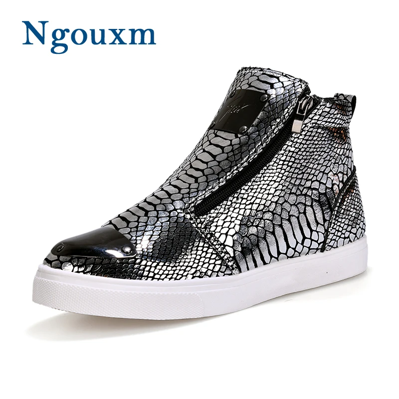 

Ngouxm Ankle Boots Men Spring Autumn Leather Round Toe Men's Boots Scale Pattern Zip Metal Decoration Silver Man Flat Shoes