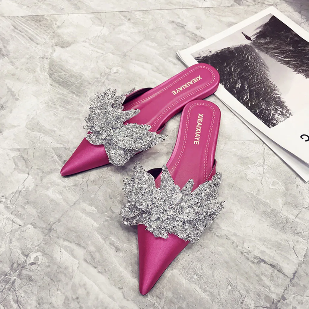 

2019 New High Quality Women's Casual Crystal Point Toe Flat Heel Shoes Fashion Ladies Work Outdoor Shoes Plus Size Slippers 15