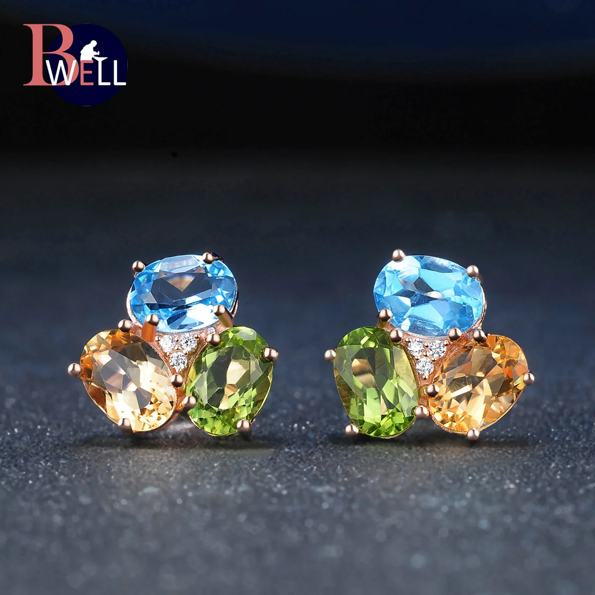

Bwell Multicolor Oval Gemstone Citrine Topaz Peridot Stud Earrings 925 Sterling Silver Rose Gold Fashion Fine Jewelry BWEI037