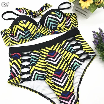 

L-4XL Plus Size Push Up Padded Swimsuit High Waist Swimwear 2019 Women Bikini Set Ethnic Printed Biquini Brazilian Bathing Suit