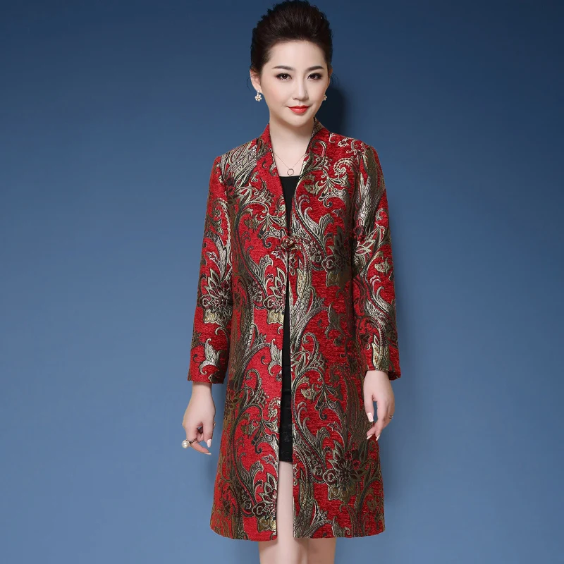 

Plus size middle aged Women Mother Spring Autumn Trench Long Windbreaker high quality elegant flower print Overcoat Casaco W1890