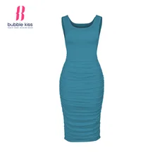 Sleevess Dress Women Summer Solid Color Sheath Slim Ladies Party O Neck Casual Ruched Bodycon Pencil Dress Bubblekiss